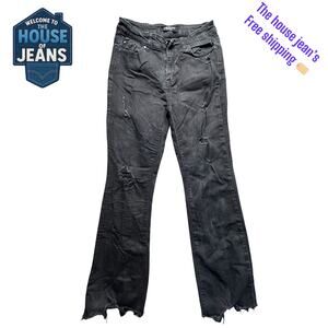 ENJEAN Women's Black Distressed Flare Jeans Size 5/27 – High Rise Raw Hem Denim